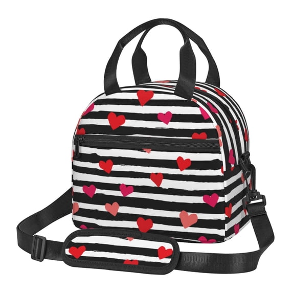 Xecao Hearts And Lines1 Print Insulated Lunch Box, Lunch Cags Lunch Bag Featuring An Adjustable Shoulder Strap