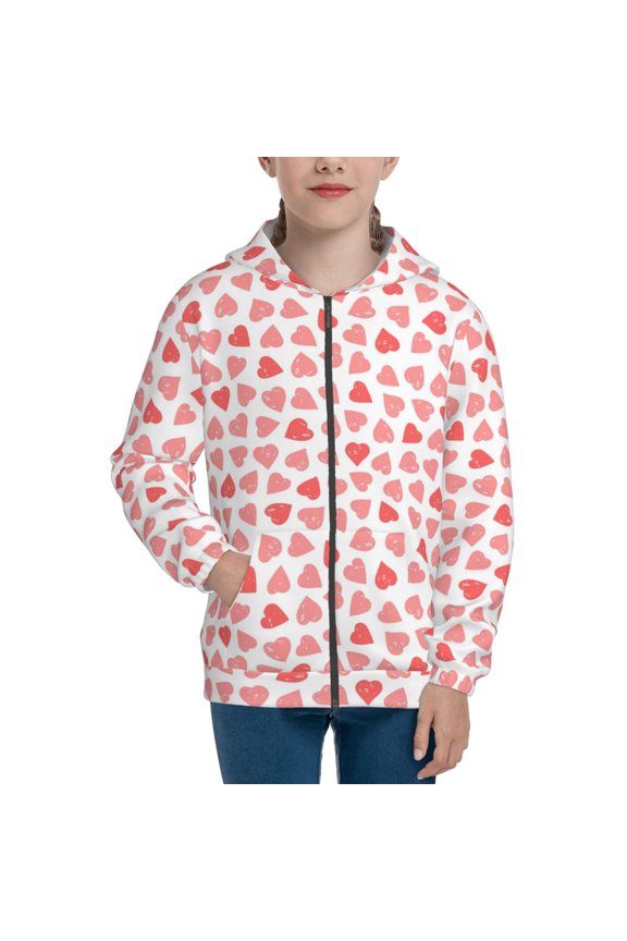 Hearts Pattern Zip Up Hoodies for Boys Girls, Sweatshirt with Pockets-Small
