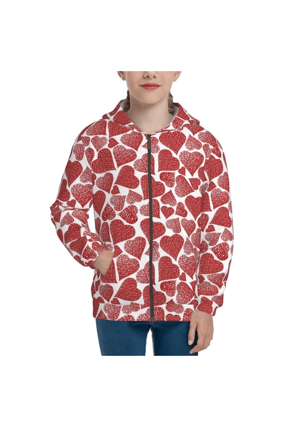 Hearts Pattern Zip Up Hoodies for Boys Girls, Sweatshirt with Pockets-Small