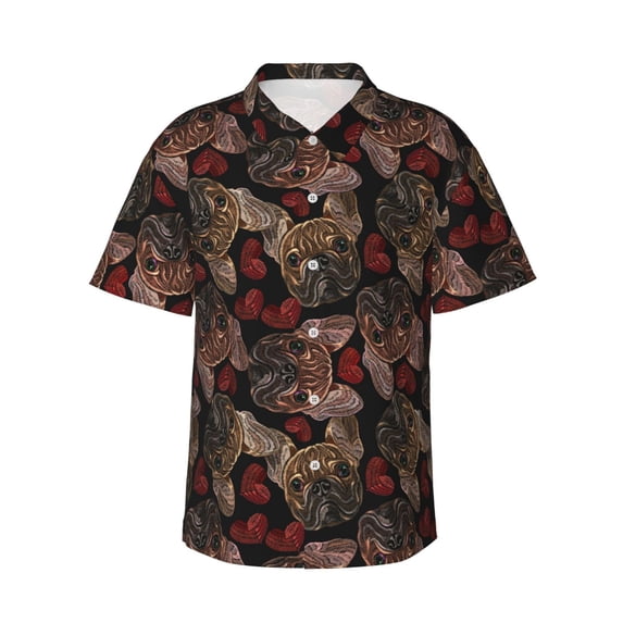 Xecao Hearts and French Bulldog print Hawaiian shirt - a stylish short-sleeve button-down for men, perfect for casual beach and tropical outings.
