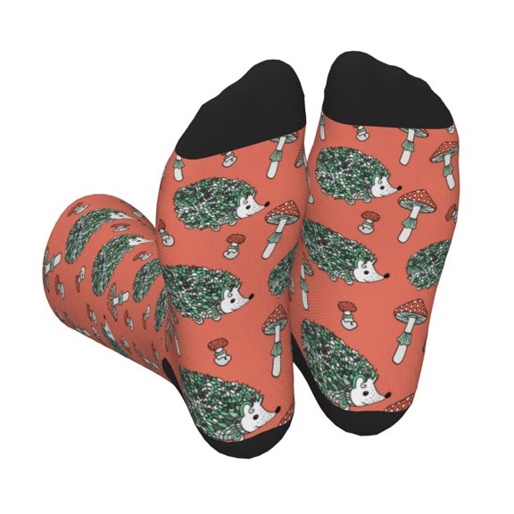 Xecao Hedgehog Mushroom Print Crew Socks for Men and Women, Men's Soft Moisture-wicking Sock