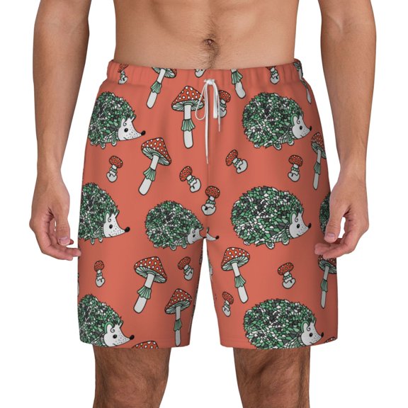 Xecao Hedgehog Mushroom for Men's Swimming Trunks Swim Trunks Quick Dry Swim Shorts with Mesh Lining Funny Swimwear Bathing Suits