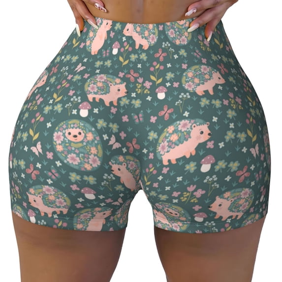 Xecao Hedgehogs and Flowers Print Workout Shorts for Women Soft Smooth Gym Yoga Scrunch Active Tennis Workout Running Shorts