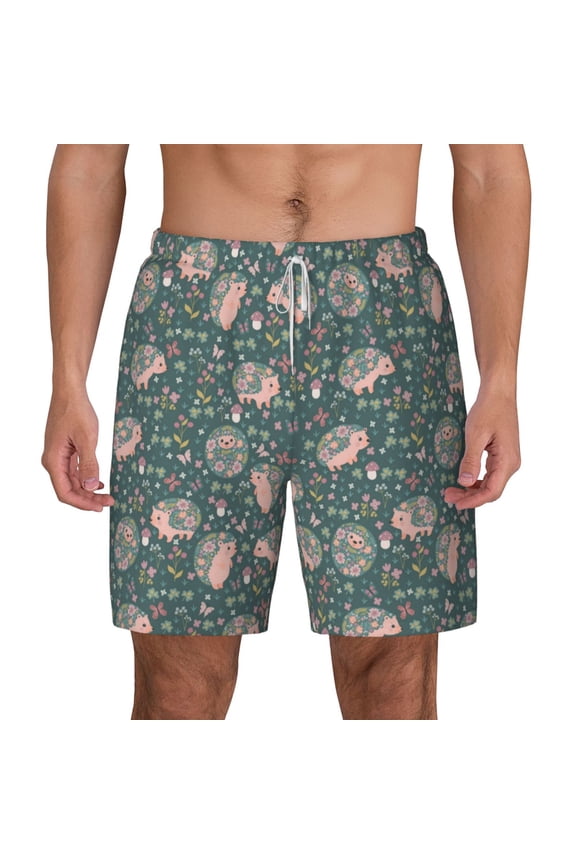 Hedgehogs and Flowers for Men's Swimming Trunks Swim Trunks Quick Dry Swim Shorts with Mesh Lining Funny Swimwear Bathing Suits
