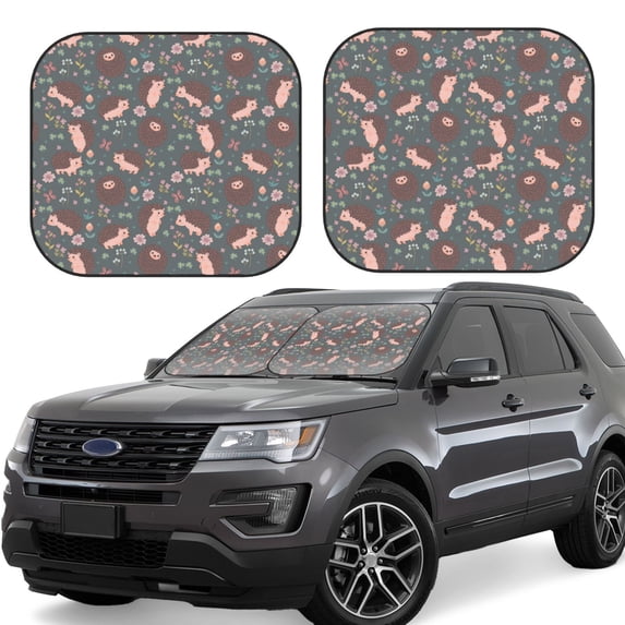 Xecao Hedgehogs and Flowers1 for Foldable Car Sun Shades (2-Pack) offer sun protection with an easy-fold design for convenient windshield shading.