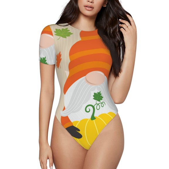 Xecao Hello Fall Gnomes 1 Pattern Women's Crew Neck Body Suit, Short-Sleeved Bodysuit and Basic Swimsuit,Both Comfort and Style for Dating and Daily life -Large