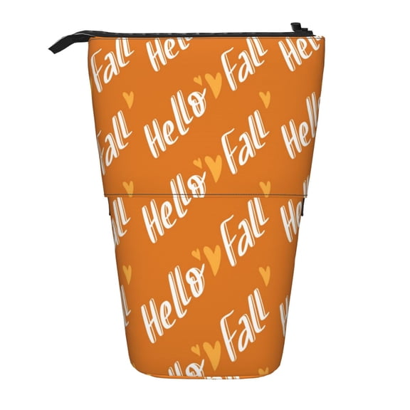 Xecao Hello Fall Print Telescopic Pencil Bag Pen Holder Pop Up Stationery Case Stand-up Retractable Transformer Bag Standing Organizer