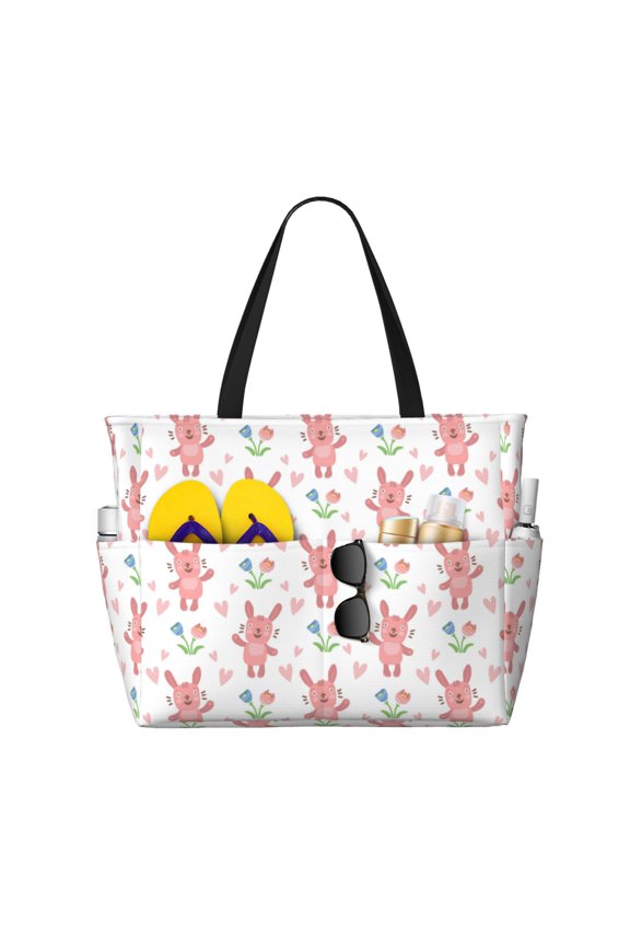 Hello Rabbit for versatile beach bag for women includes zipper pockets and waterproof material, ideal for vacations and adventures.