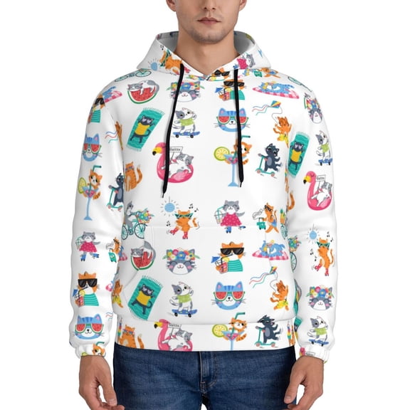 Xecao Hello Summer Cat Pattern Men's Adult Pullover Hoodie,Hooded Sweatshirt-4X-Large