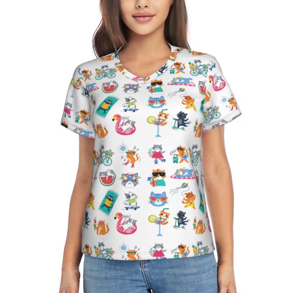 Xecao Hello Summer Cat for Women's V-Neck T-Shirts-Elegant Half-Sleeve Tops Perfect for Summer-3X-Large