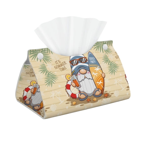 Xecao Hello Summer Cute Gnome Print Tissue Box Cover,Modern PVC Leather Square Tissue Box Holder for Creative Decorative