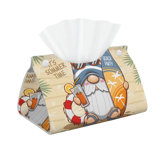 Xecao Hello Summer Cute Gnome Print Tissue Box Cover,Modern PVC Leather Square Tissue Box Holder for Creative Decorative