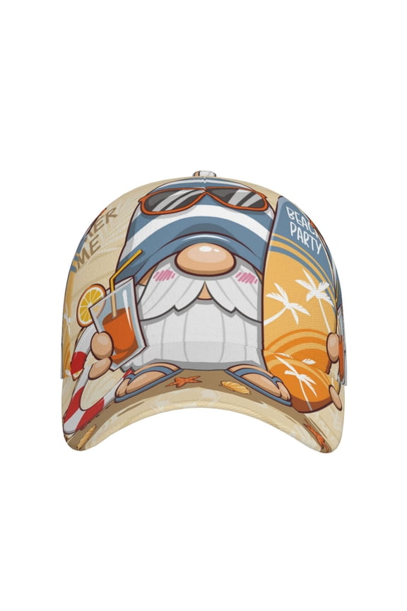 Hello Summer Cute Gnome for Baseball Cap: Unisex, crafted from classic polyester twill fabric, featuring a soft unconstructed design