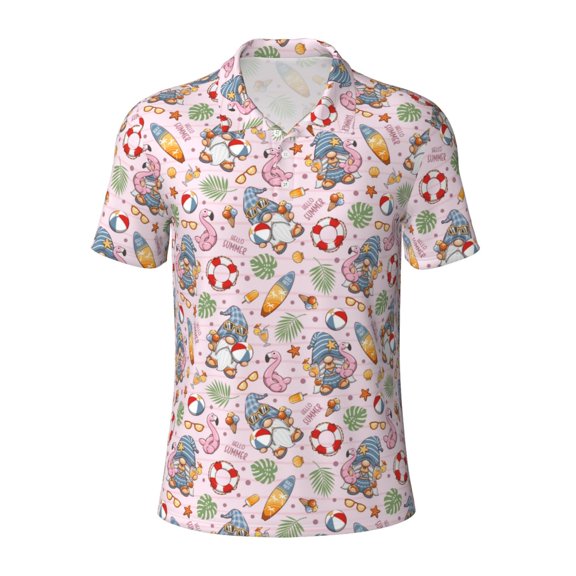 Xecao Hello Summer With Gnome for Mens' Casual Short Sleeve Button-Down Polo Shirts for a Classic Golf Look