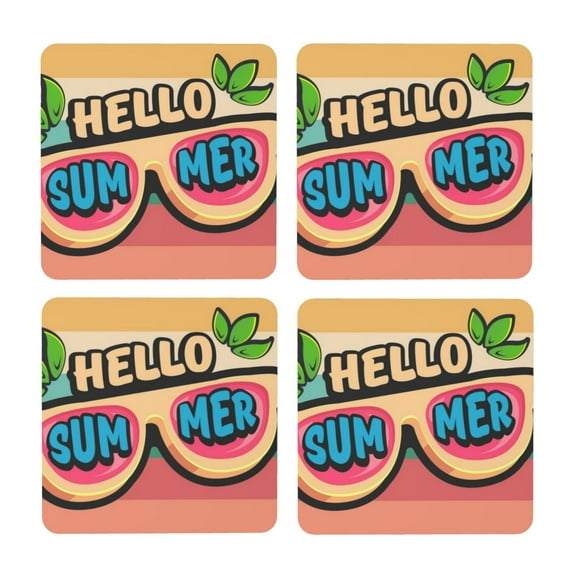 Xecao Hello Summer for MDF Cork Coaster 4 Pcs,Drink Coasters,Suit for House Warming Gifts New Home ,Coffee Table Decor-Square