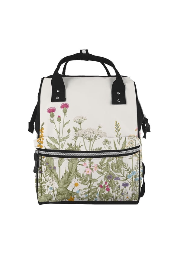 Herbs and Wildflowers print Large Capacity Nappy Bag is a multi-functional waterproof travel backpack, perfect as a nursing bag or mummy backpack for women