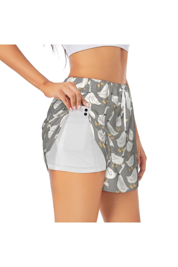 Herd of ducks Double-Layer Running Shorts for Women, Perfect for Gym, Tennis, and More, Featuring a Convenient Pocket-Large