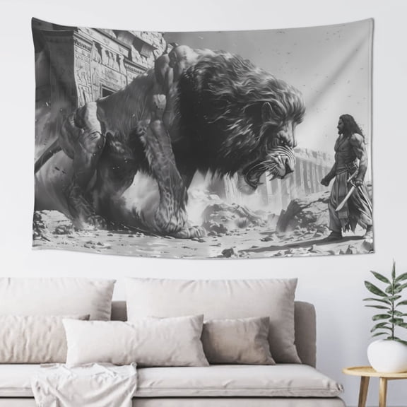 Xecao Heroic Lion Encounter Print Tapestry, Wall Hanging Room Funny Decor, Backdrop Room Decor for Bedroom Living Room dormitory