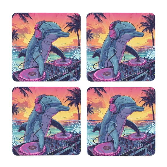 Xecao Hip-Hop DJ Dolphin for MDF Cork Coaster 4 Pcs,Drink Coasters,Suit for House Warming Gifts New Home ,Coffee Table Decor-Square