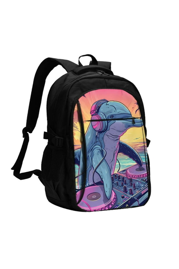 Hip-Hop DJ Dolphin for Travel Laptop Backpack, USB-Charging-Enabled, Spacious Business Backpack for Men and Women,College School Computer Bag