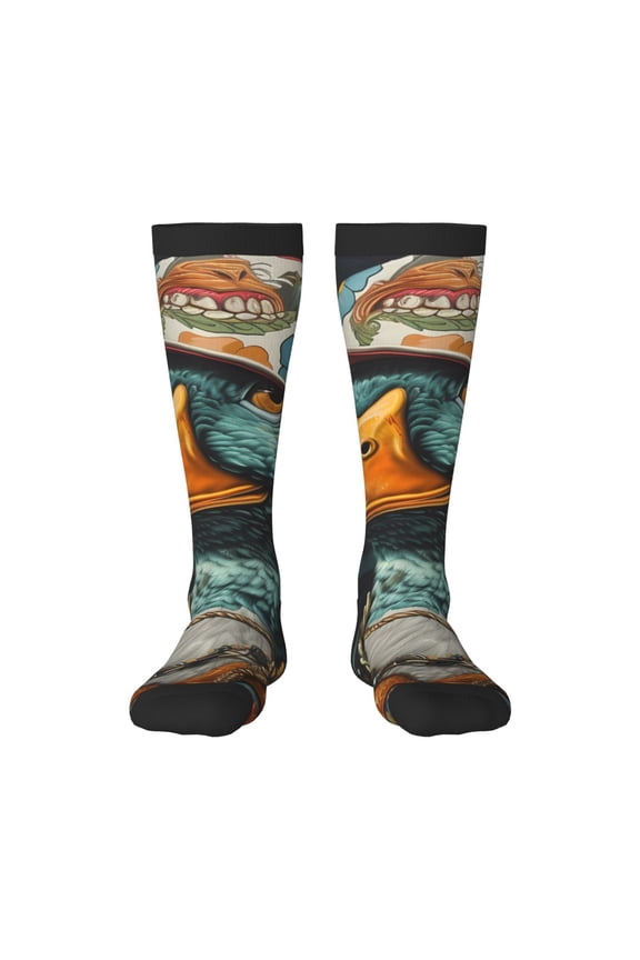 Hip-Hop Duck print thigh-high socks, crafted for both men and women with a stretchy, high-opaque design perfect for daily wear