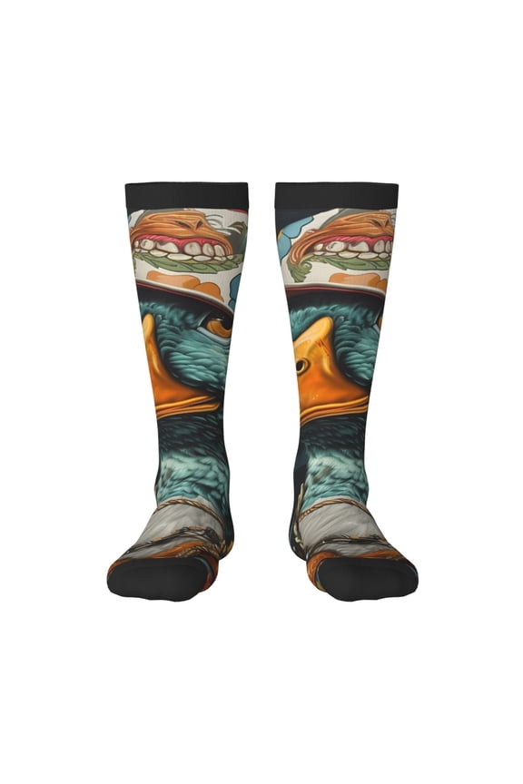Hip-Hop Duck print thigh-high socks, crafted for both men and women with a stretchy, high-opaque design perfect for daily wear