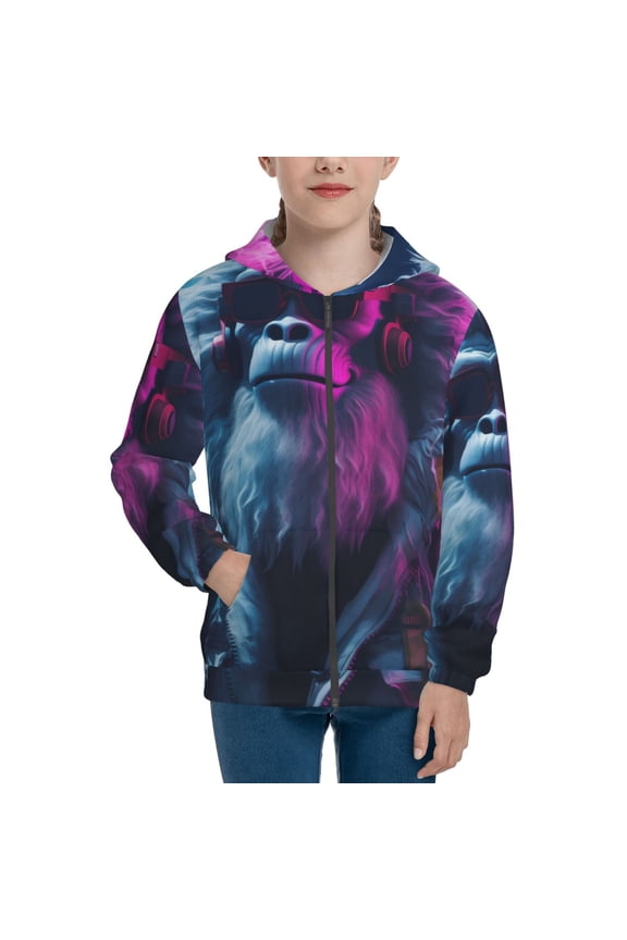 Hip-Hop Glasses Gorilla Pattern Zip Up Hoodies for Boys Girls, Sweatshirt with Pockets-Medium