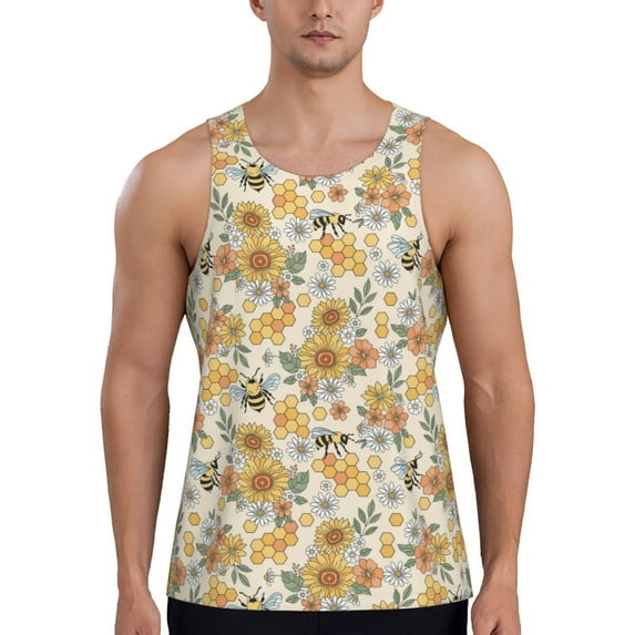 Xecao Hippie Bee Honeycomb Men's Tank Top Workout Quick Dry Sleeveless Gym Jogging Muscle Shirts Summer Swim Beach Tops