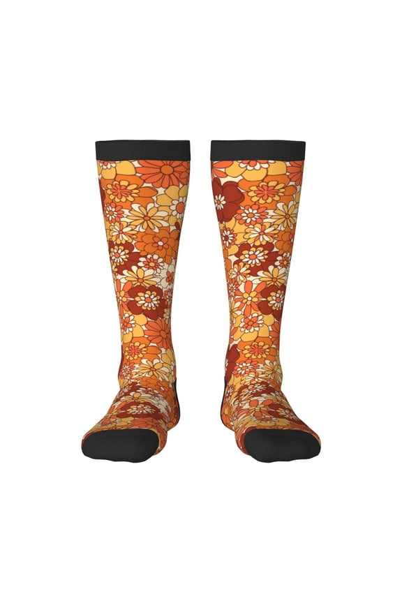 Hippie Flower print thigh-high socks, crafted for both men and women with a stretchy, high-opaque design perfect for daily wear