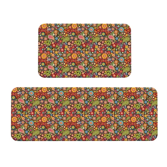 Xecao Hippie Peace Love Patten Kitchen Rugs and Mats Sets,2 Pieces Non-Slip Washable Rugs, Kitchen Mat for Floor,Suit for Kitchen Decor and Accessories