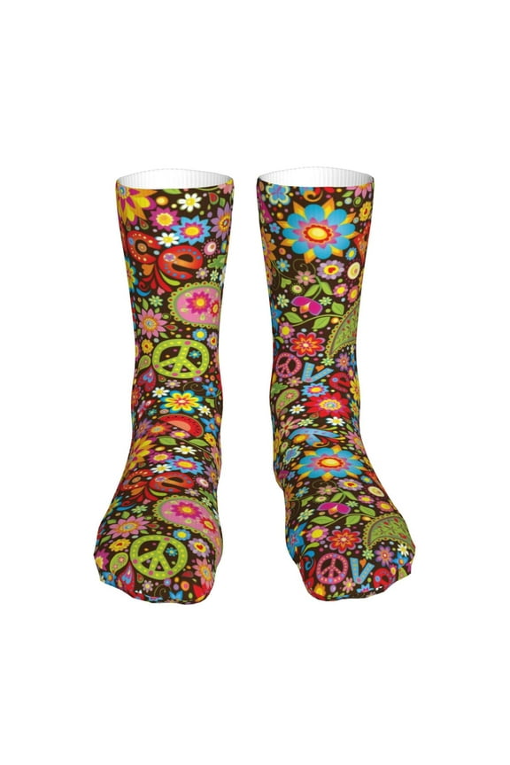 Hippie Peace Love Print Fashion No Heel Casual Crew Socks Cushioned Breathable for Men Women - Moisture wicking,Not easy to fade Suitable for daily