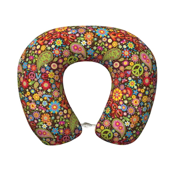 Xecao Hippie Peace Love Print Memory Foam Cervical Neck Pillow Versatile U-Shaped Pillows for Home,Office,Camping,Travelling,Soft Washable Cover