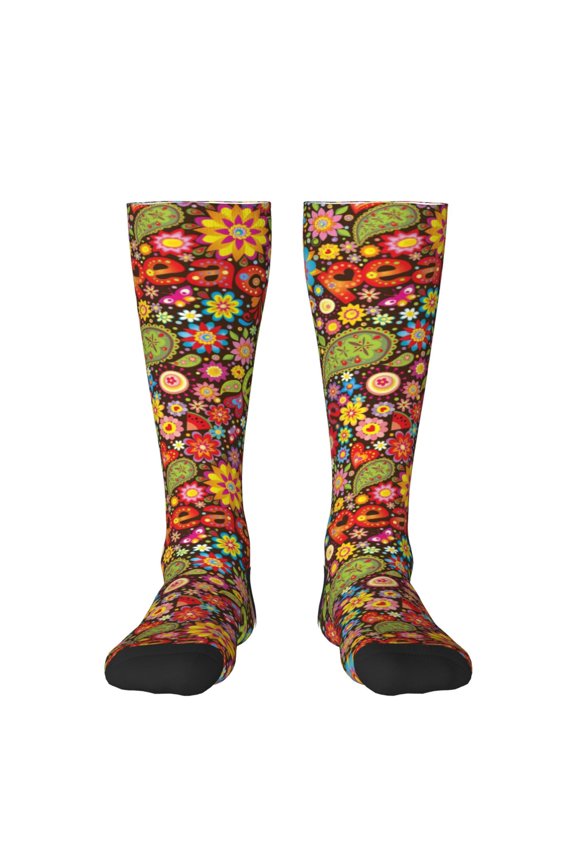 Hippie Peace Love print thigh-high socks, crafted for both men and women with a stretchy, high-opaque design perfect for daily wear