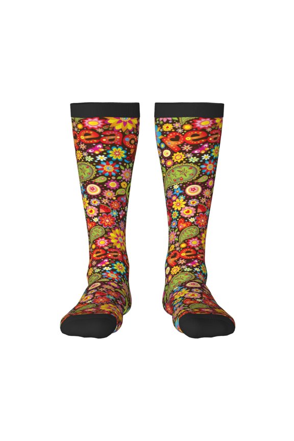 Hippie Peace Love print thigh-high socks, crafted for both men and women with a stretchy, high-opaque design perfect for daily wear