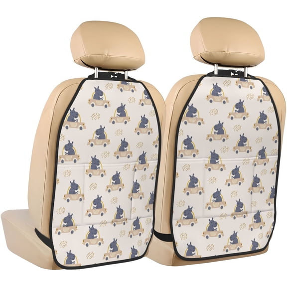 Xecao Hippos Driving A Car Pattern Car Seat Back Protector 2 Pack Large Capacity Pocket, Kick Mats Back Seat Protector