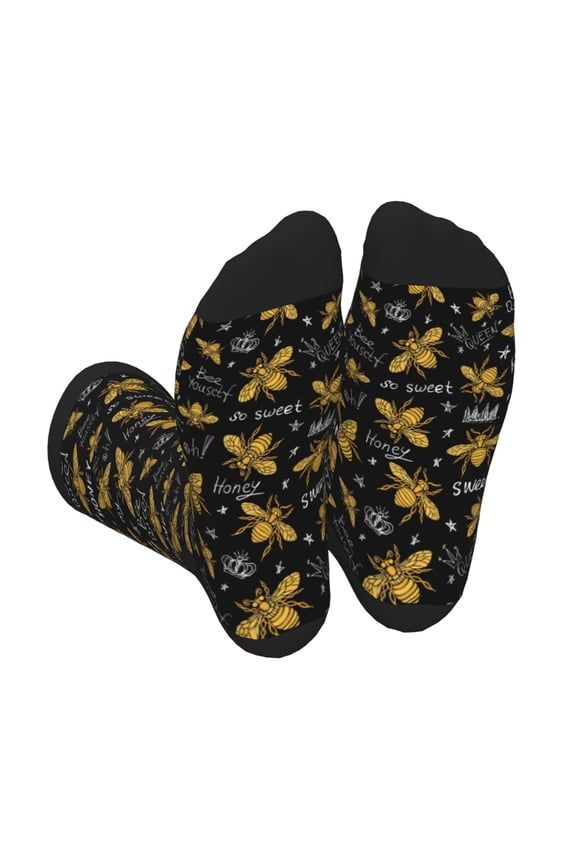 Hohey Bee Golden Embroidery Print Crew Socks for Men and Women, Men's Soft Moisture-wicking Sock