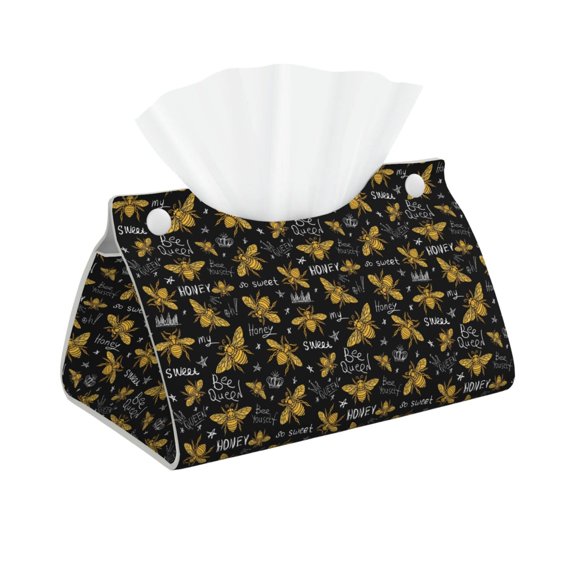 Xecao Hohey Bee Golden Embroidery Print Tissue Box Cover,Modern PVC Leather Square Tissue Box Holder for Creative Decorative
