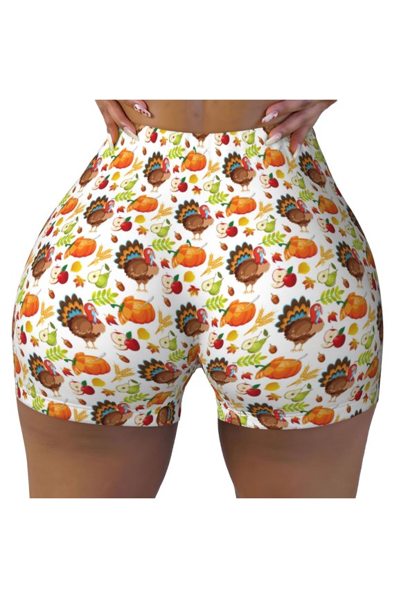 Holiday Thanksgiving Turkey Print Workout Shorts for Women Soft Smooth Gym Yoga Scrunch Active Tennis Workout Running Shorts