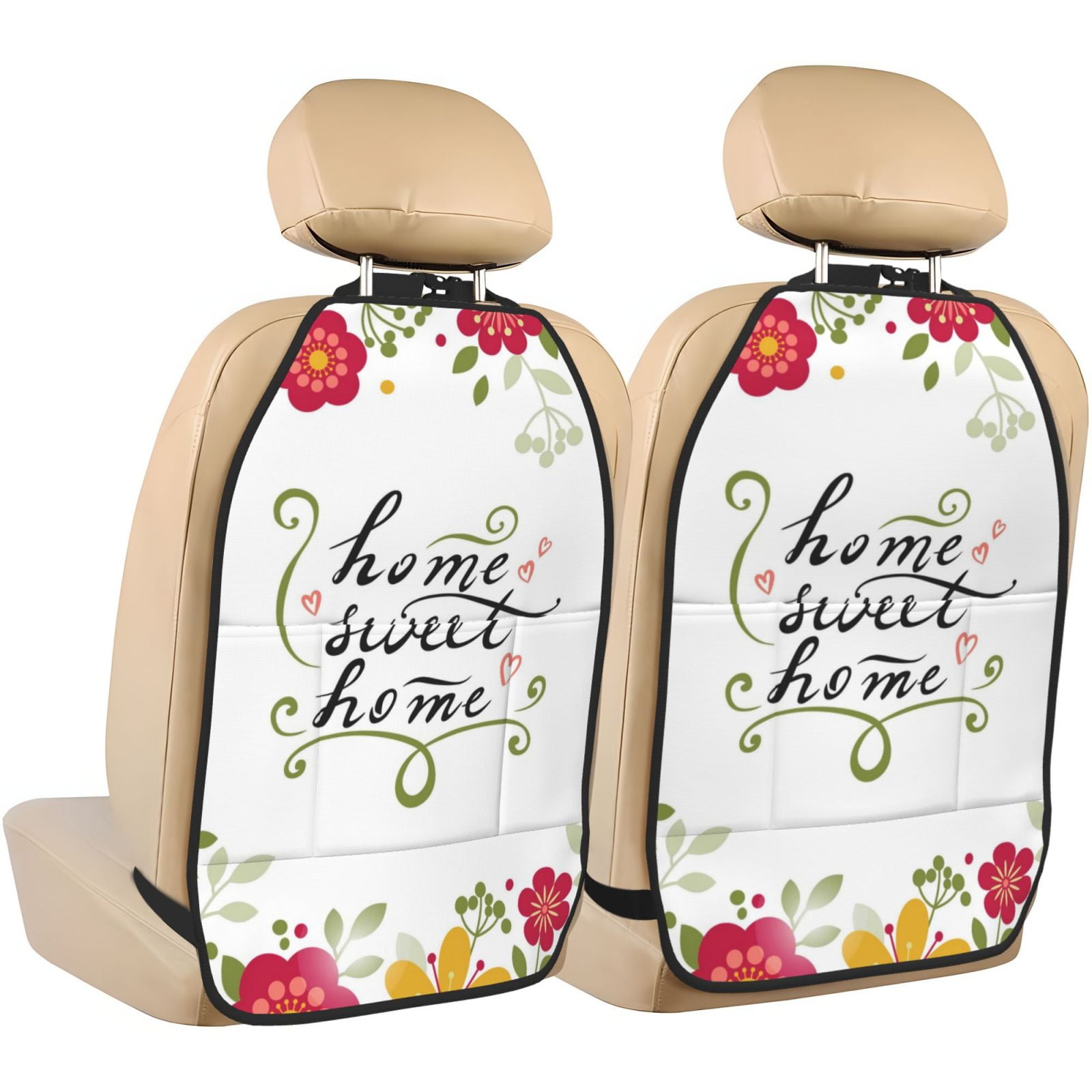 Xecao Home Sweet Home Floral Pattern Car Seat Back Protector 2 Pack Large Capacity Pocket, Kick Mats Back Seat Protector
