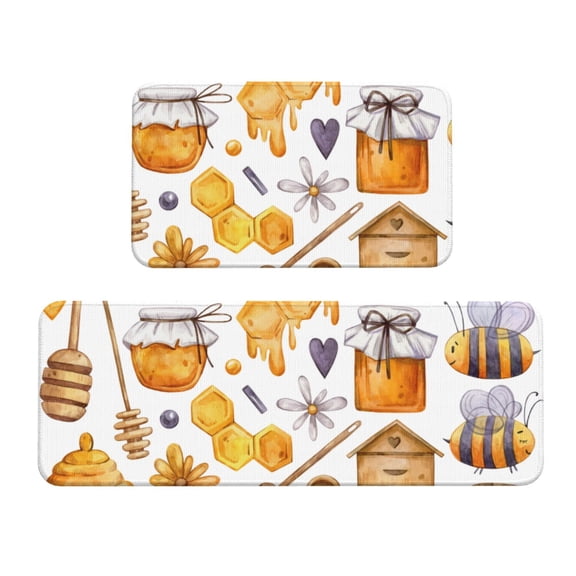 Xecao Honey Bee Set Patten Kitchen Rugs and Mats Sets,2 Pieces Non-Slip Washable Rugs, Kitchen Mat for Floor,Suit for Kitchen Decor and Accessories
