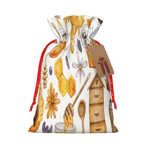 Xecao Honey Bee Set Print Burlap Gift Bags with Drawstring and Gift Tags, Gift Bags, Burlap Bags, Jute Bags for Party, Christmas, DIY Craft Bags-Medium