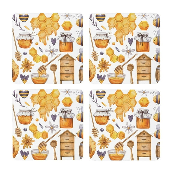 Xecao Honey Bee Set for MDF Cork Coaster 4 Pcs,Drink Coasters,Suit for House Warming Gifts New Home ,Coffee Table Decor-Square
