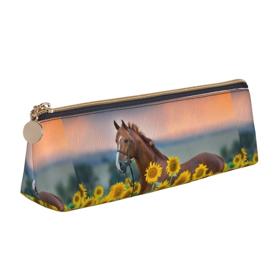 Xecao Horse Sunflowers Print Leather Pencil Case -Stationery Bag Pen Holder for Work & Office