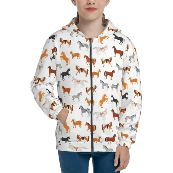 Xecao Horses Pattern Zip Up Hoodies for Boys Girls, Sweatshirt with Pockets-Small