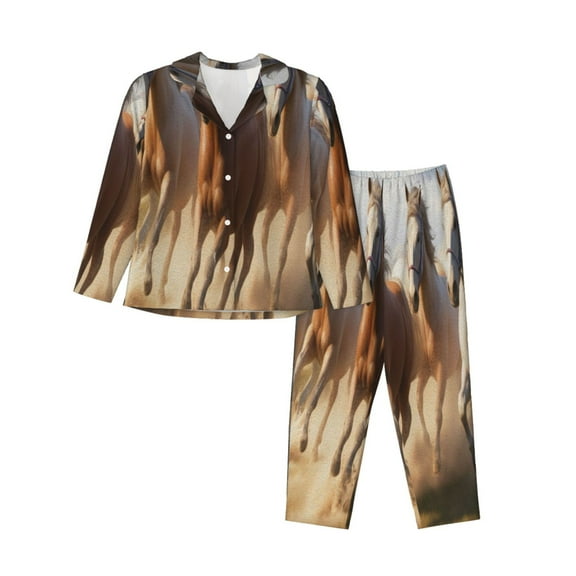 Xecao Horses running Print Women Pajamas Set Soft Sleepwear Pjs long Sleeve Button Down Nightwear with Long Pants-XX-Large