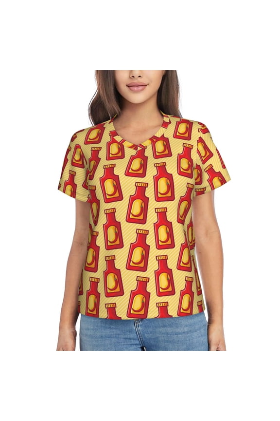 Hot Chili for Women's V-Neck T-Shirts-Elegant Half-Sleeve Tops Perfect for Summer-Large