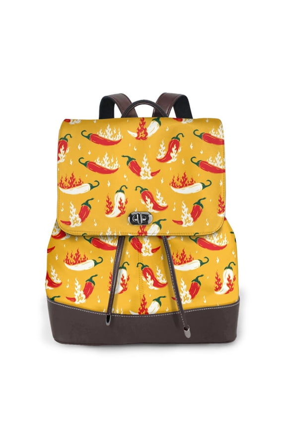 Hot Chilli Print Large Backpack Soft Leather for Women Travel with Compartment, Adjustable Convertible Strap