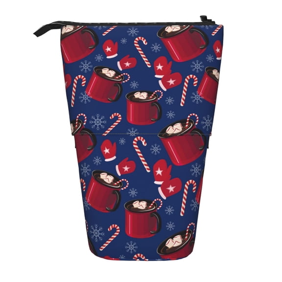 Xecao Hot Cocoa Snowflake Mittens Print Telescopic Pencil Bag Pen Holder Pop Up Stationery Case Stand-up Retractable Transformer Bag Standing Organizer