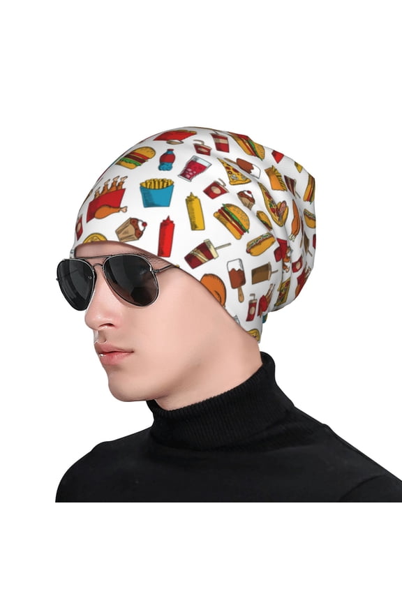 Hot Dog Pizza Print Beanie Knitted Hat for Men Women, Winter Fashion Knit Cuffed Caps Unisex