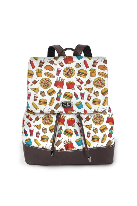 Hot Dog Pizza Print Large Backpack Soft Leather for Women Travel with Compartment, Adjustable Convertible Strap